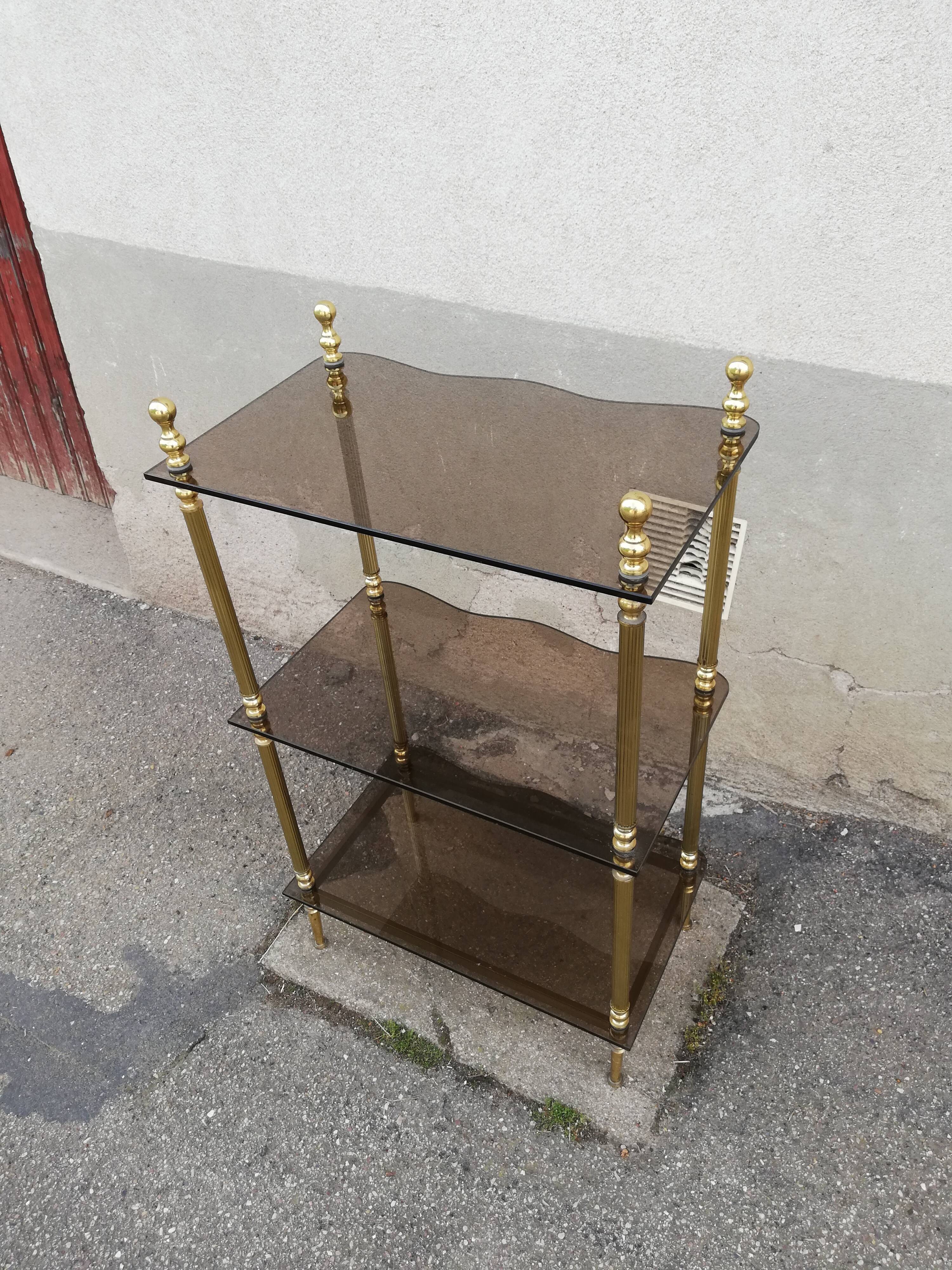 Shelf vintage brass 3 trays smoked glass
