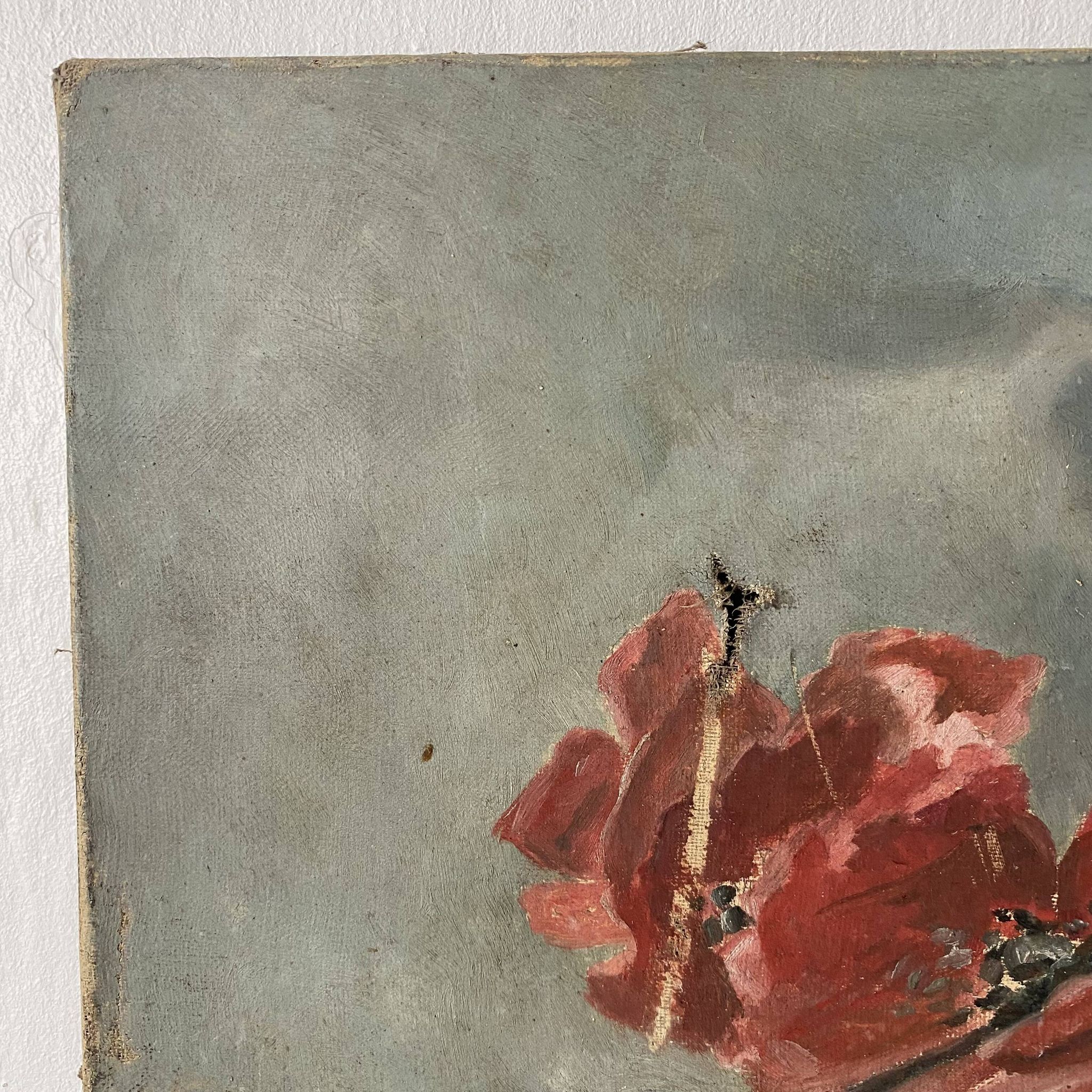 Old painting of a bouquet of poppies, canvas on a flower frame
