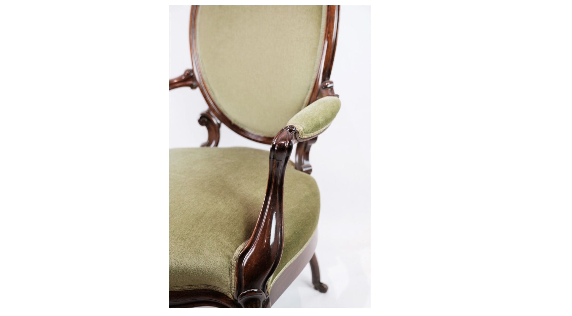 Neo-Rococo Armchair in Mahogany with Brand Green Velour Upholstery