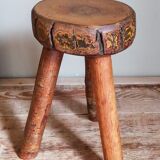 Tabouret d'appoint tripode bois massif Art-populaire vintage