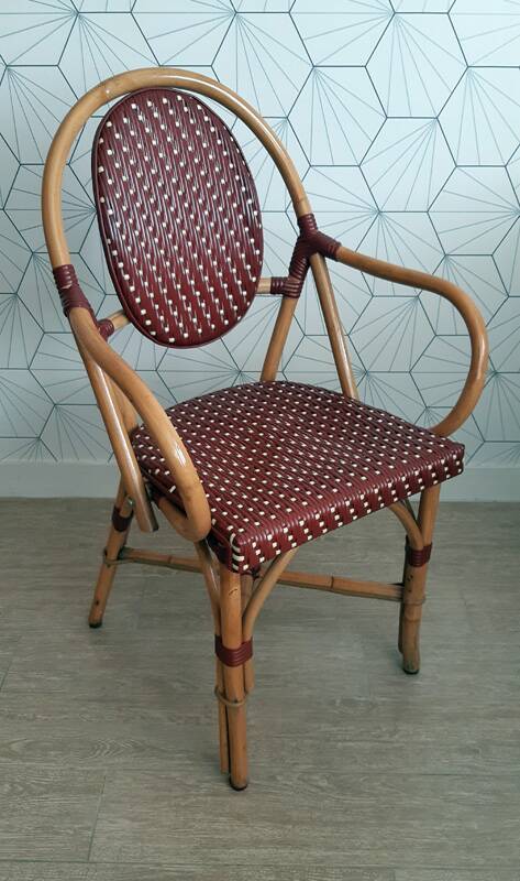 Vintage Parisian bistro armchair in rattan/bamboo and woven nylon.