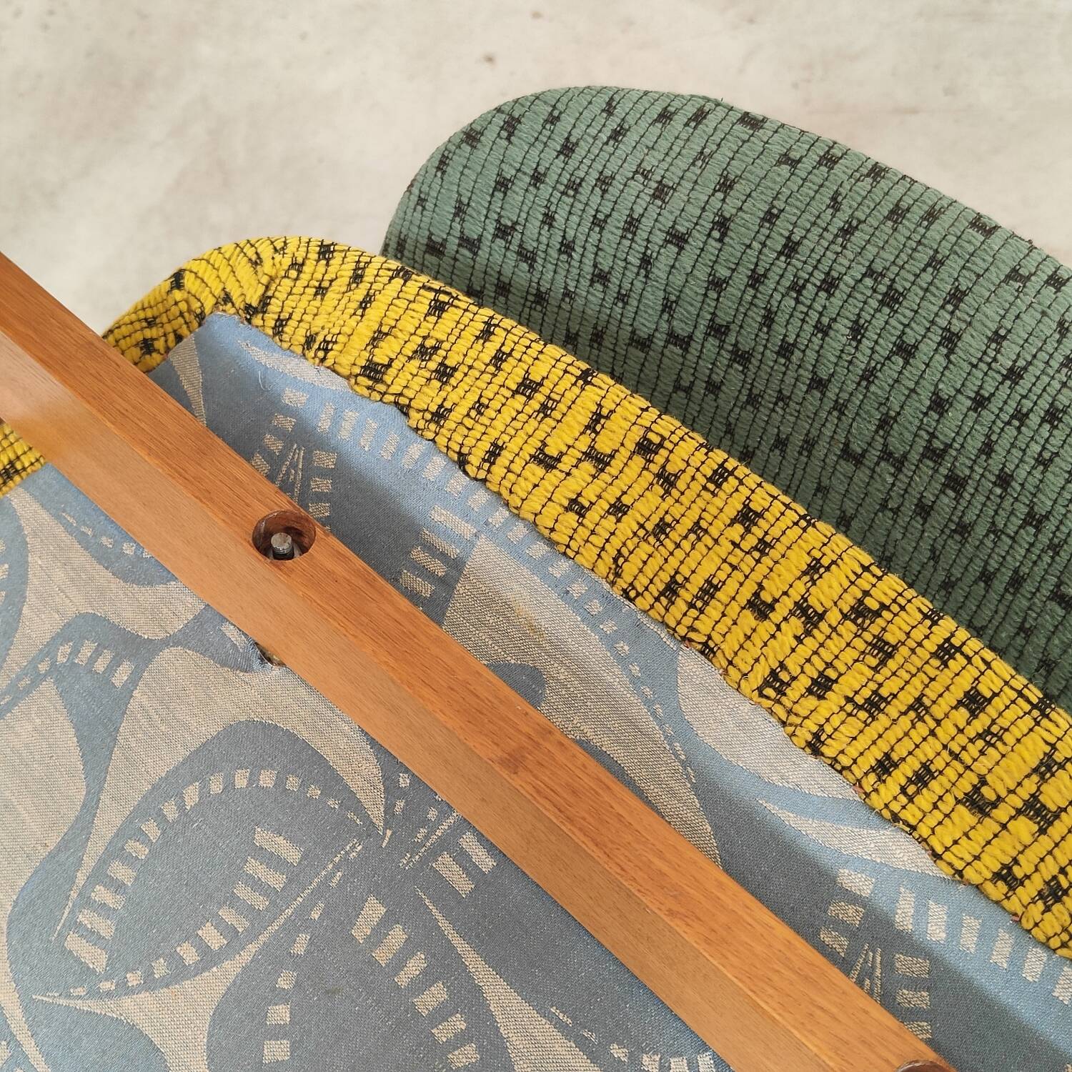 Pair of yellow and green resin and wood armchairs by Miroslav Navratil