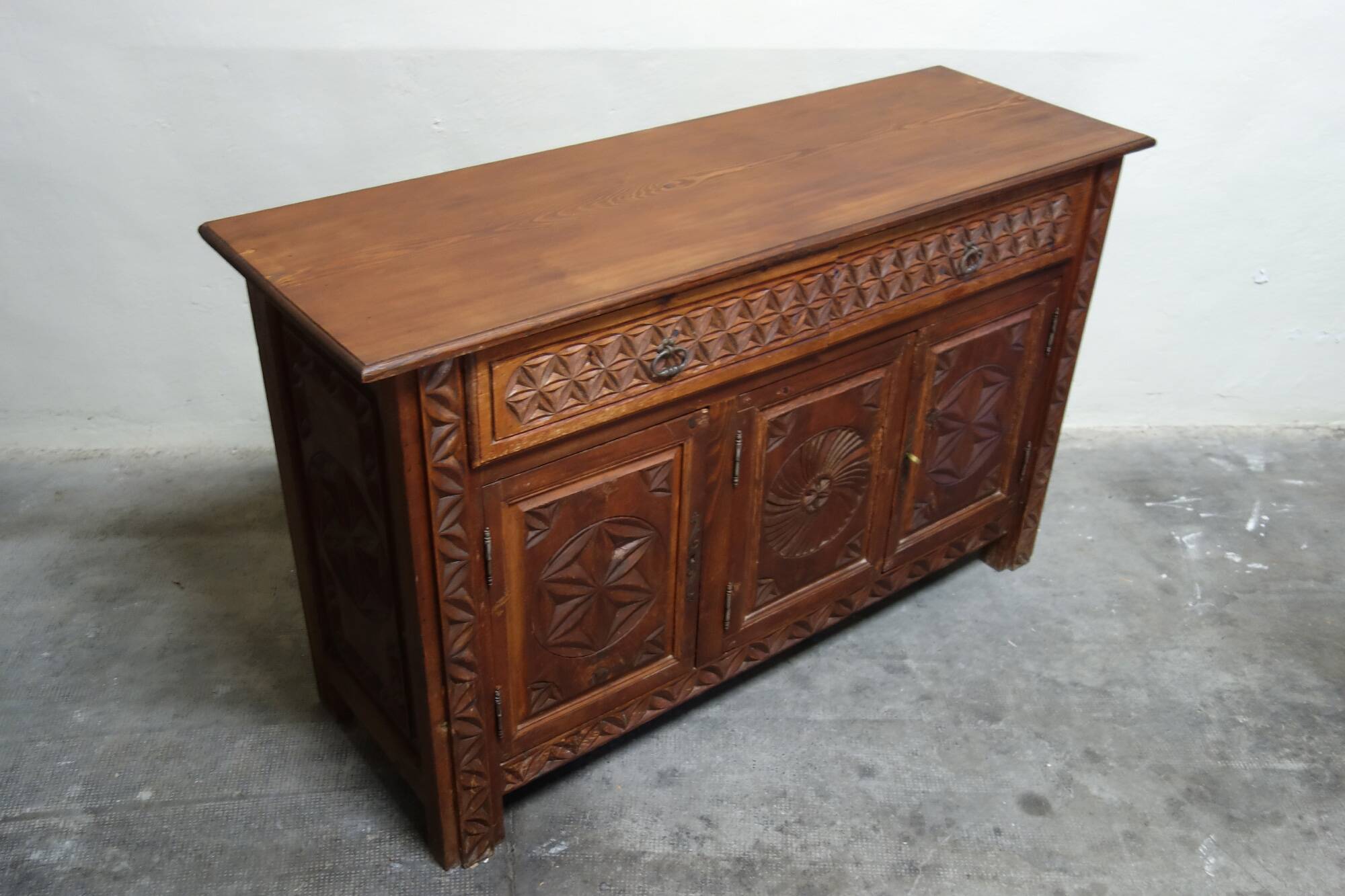 Carved pine sideboard, mountain folk art, 1950s