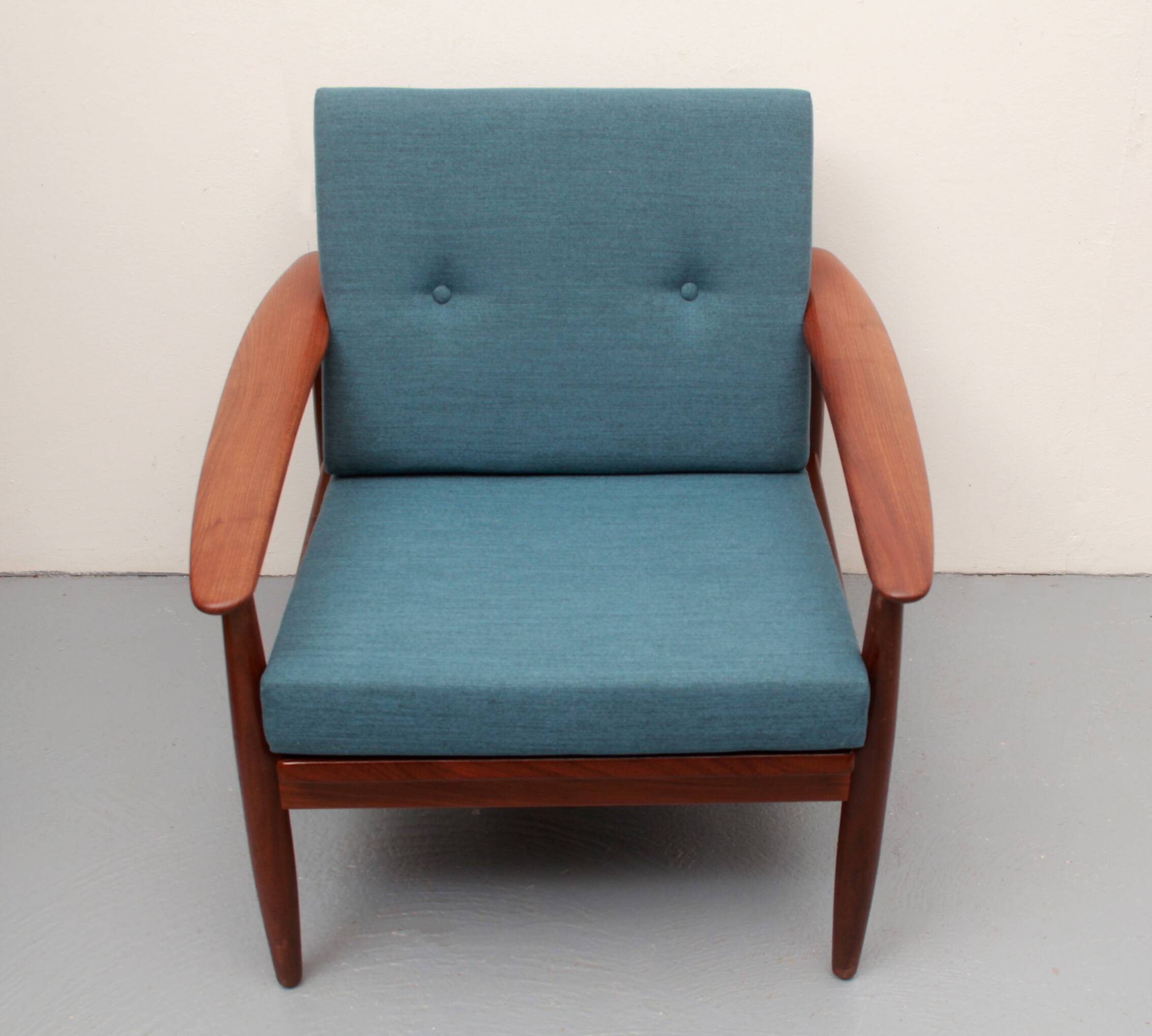 1960s armchair in teak, cushions petrol