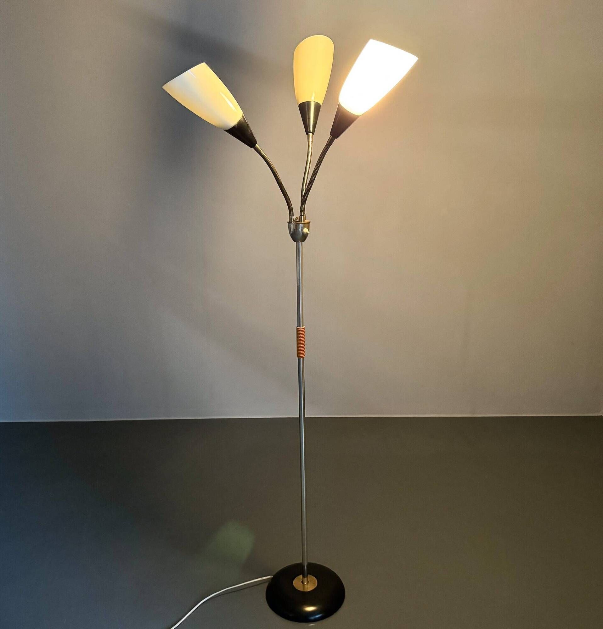 1950s Brass & Glass Adjustable Floor Lamp with Wooden Detail