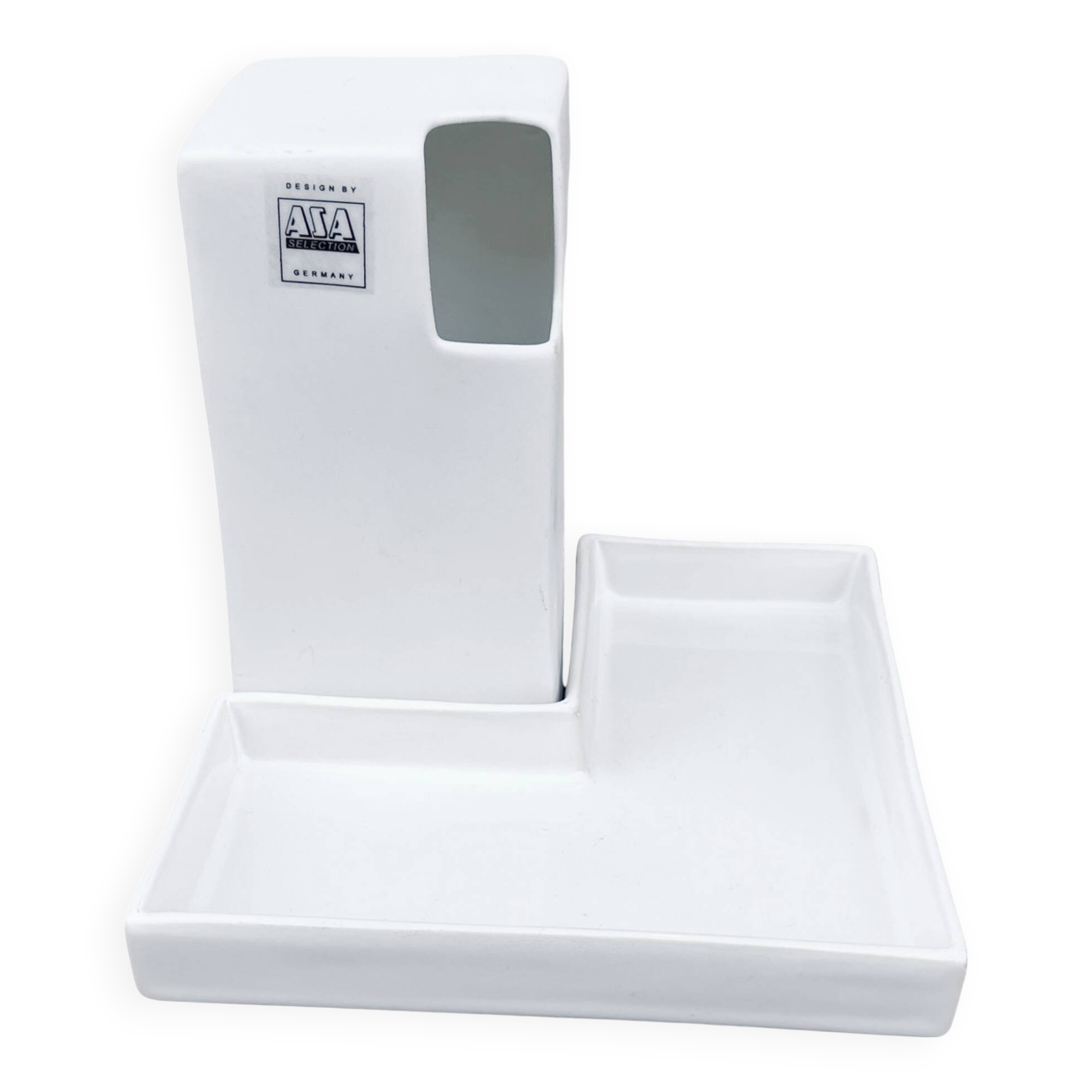 White, minimalist vase + Asa stand, Germany, 1980s.