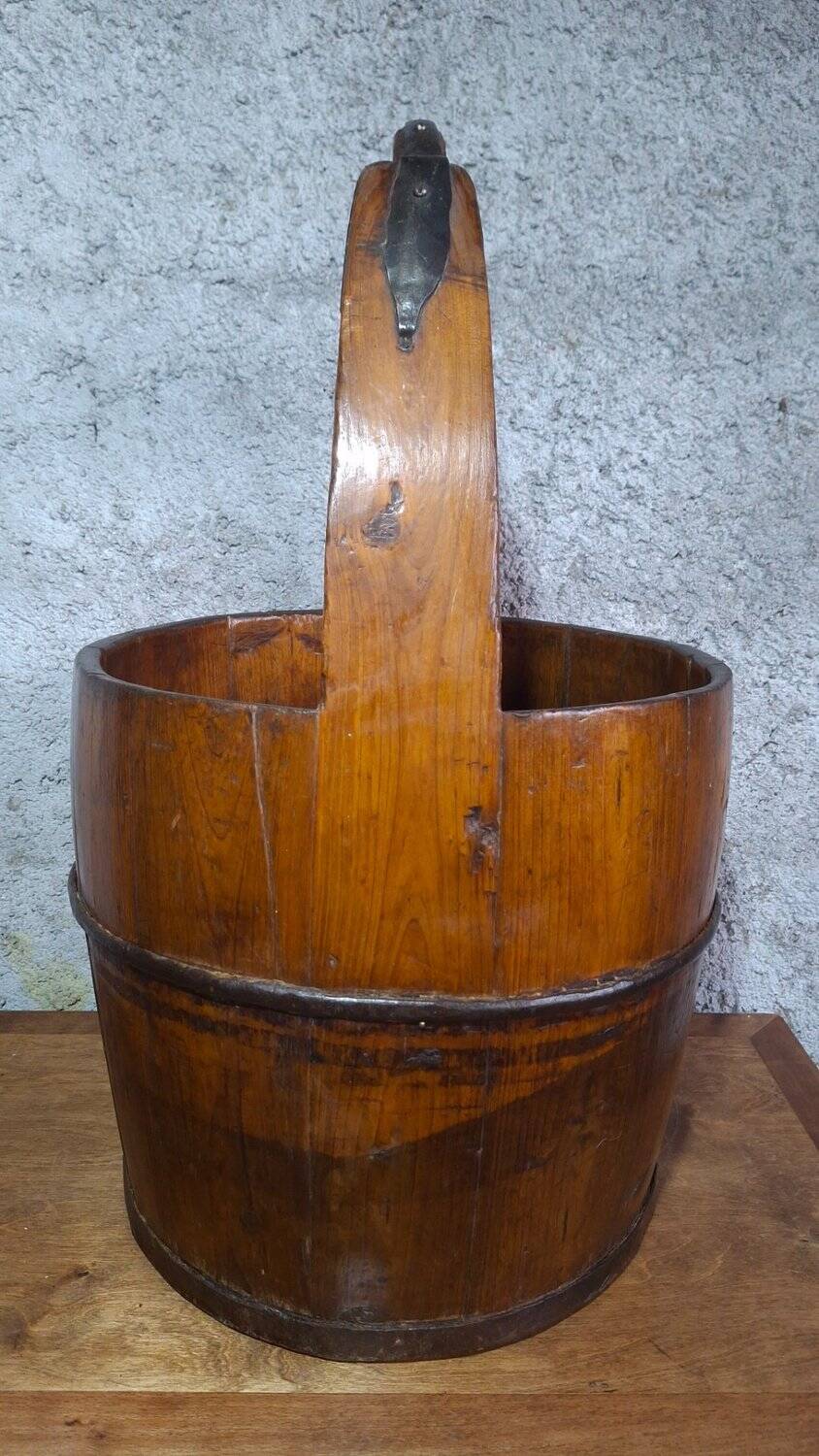 Old wooden well bucket with wrought iron bands – Late 19th century