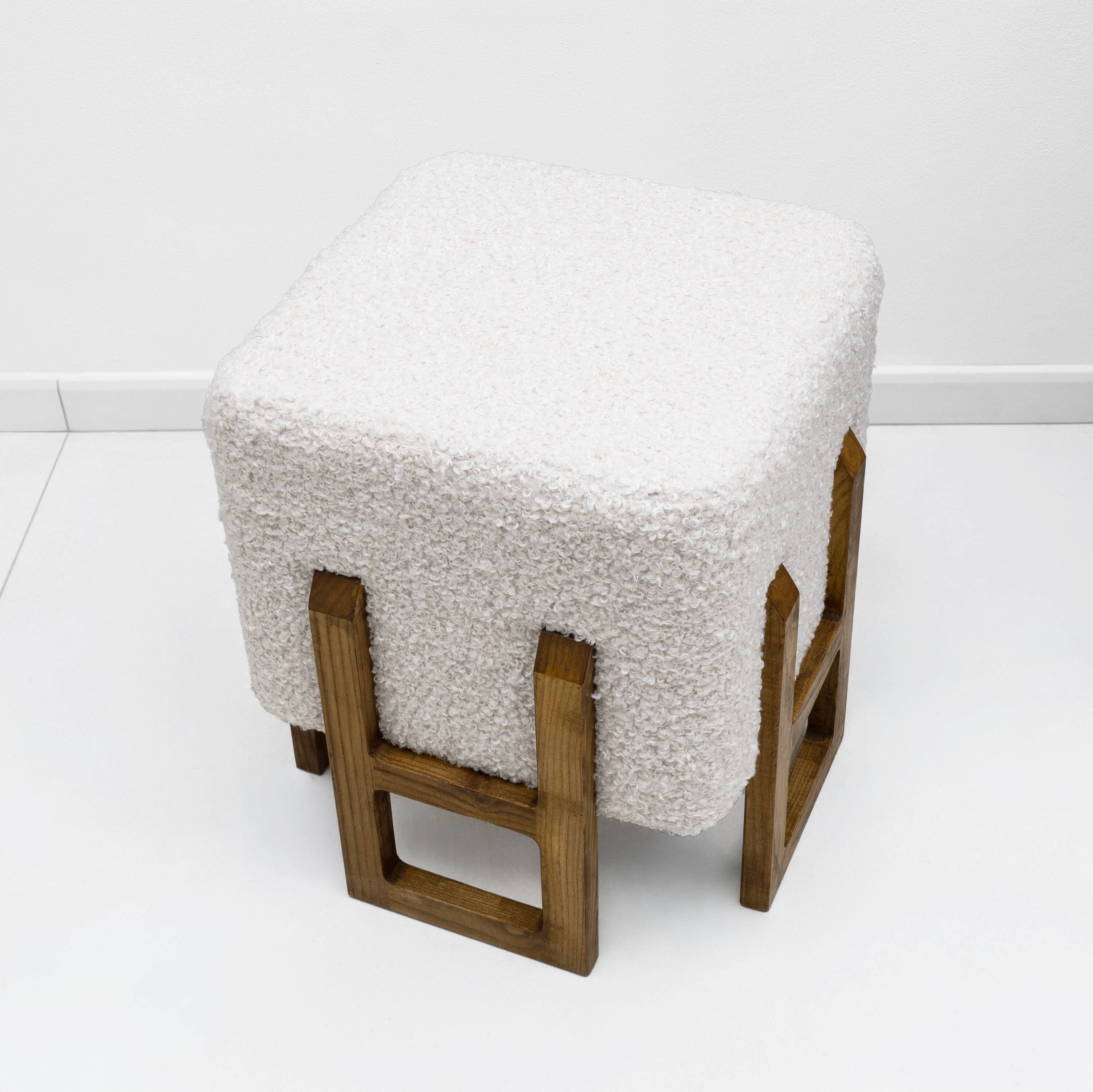 Pair of Italian Modernist Ash Wood Stools Upholstered in White Bouclé