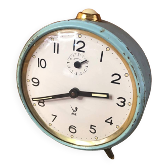 Old jaz sky blue metal alarm clock 70s vintage #a381