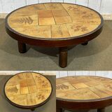 Beech coffee table with a ceramic top featuring a herbarium design.