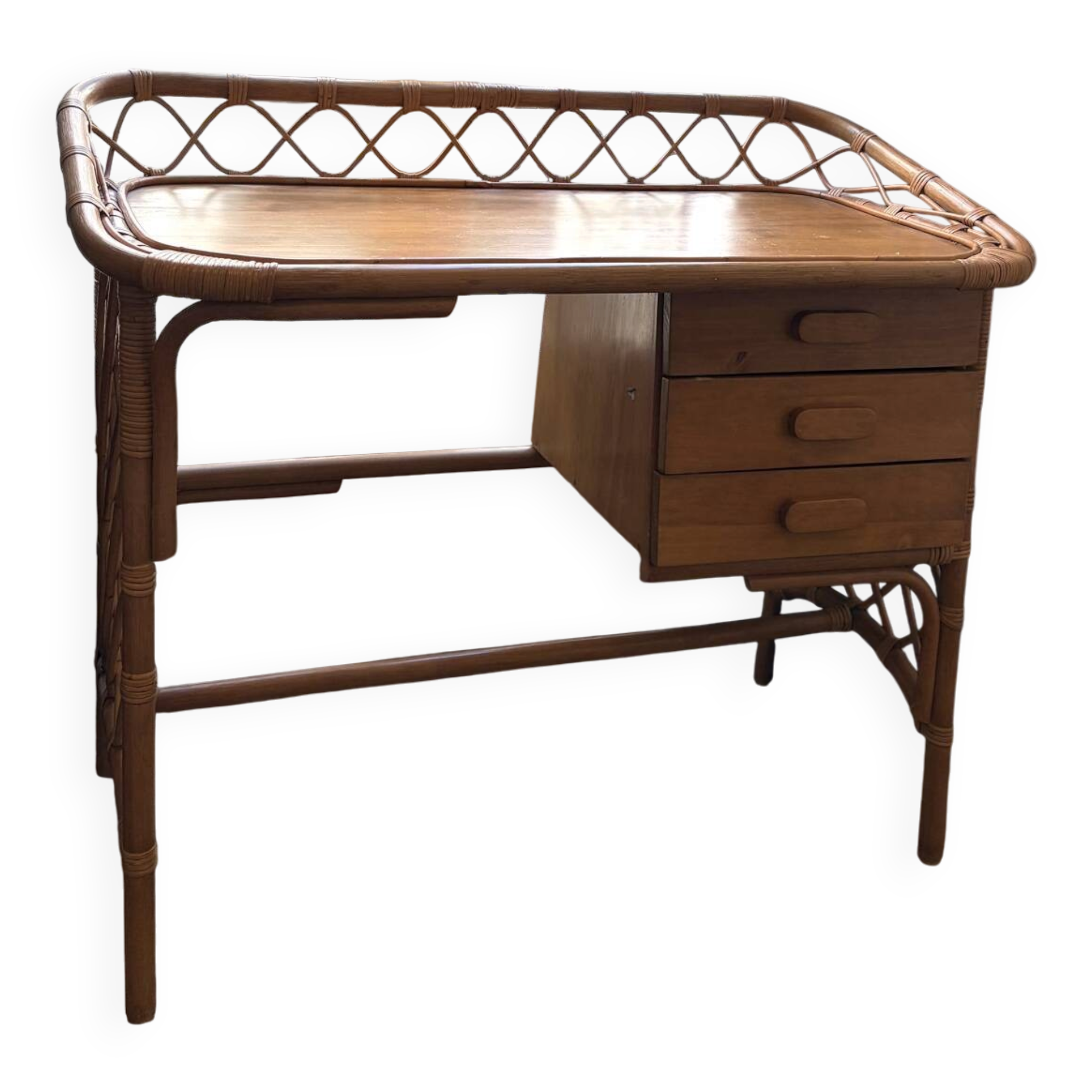 Bureau vintage Bonton en rotin et bois, 3 tiroirs