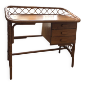 Bureau vintage Bonton en rotin et bois, 3 tiroirs