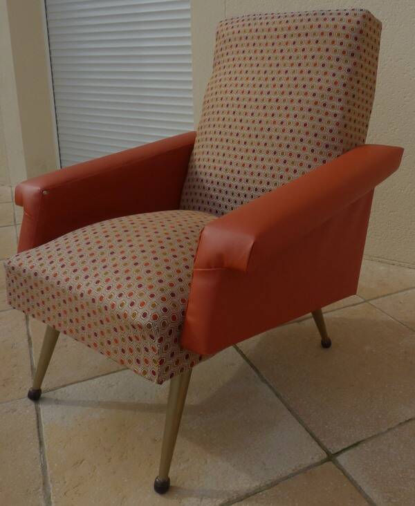 Retro vintage rockabilly armchair in orange faux leather and vintage fabrics
