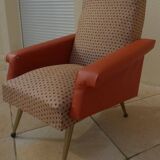 Retro vintage rockabilly armchair in orange faux leather and vintage fabrics