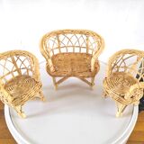 Miniature armchairs and sofa in wicker design 70s