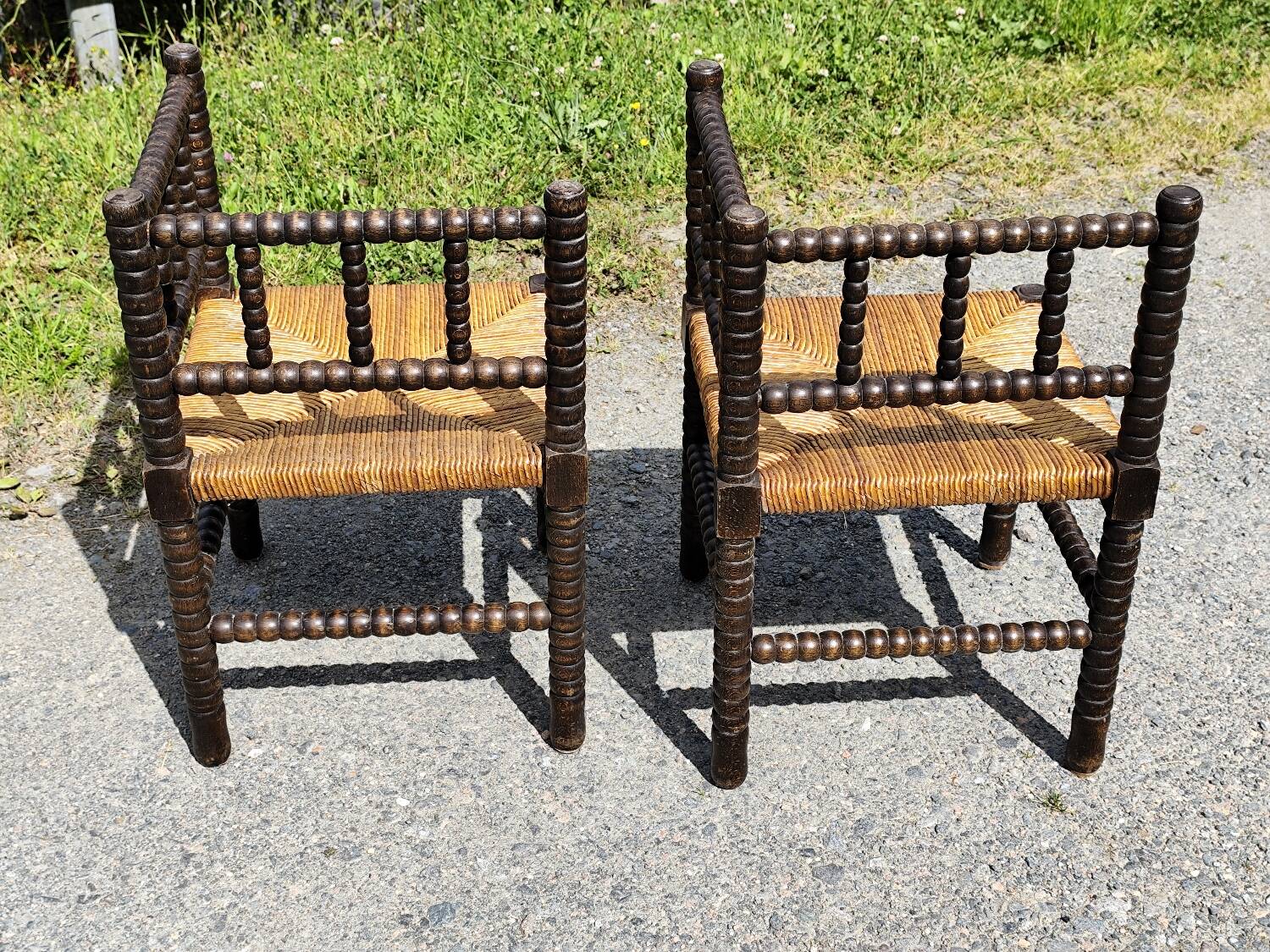 Pair of Bobbin armchairs, corner fire seat, corner