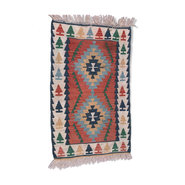 Vintage turkish kilim 130x78 cm wool kelim rug red blue