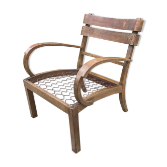 Low walnut wooden armchair, vintage 50