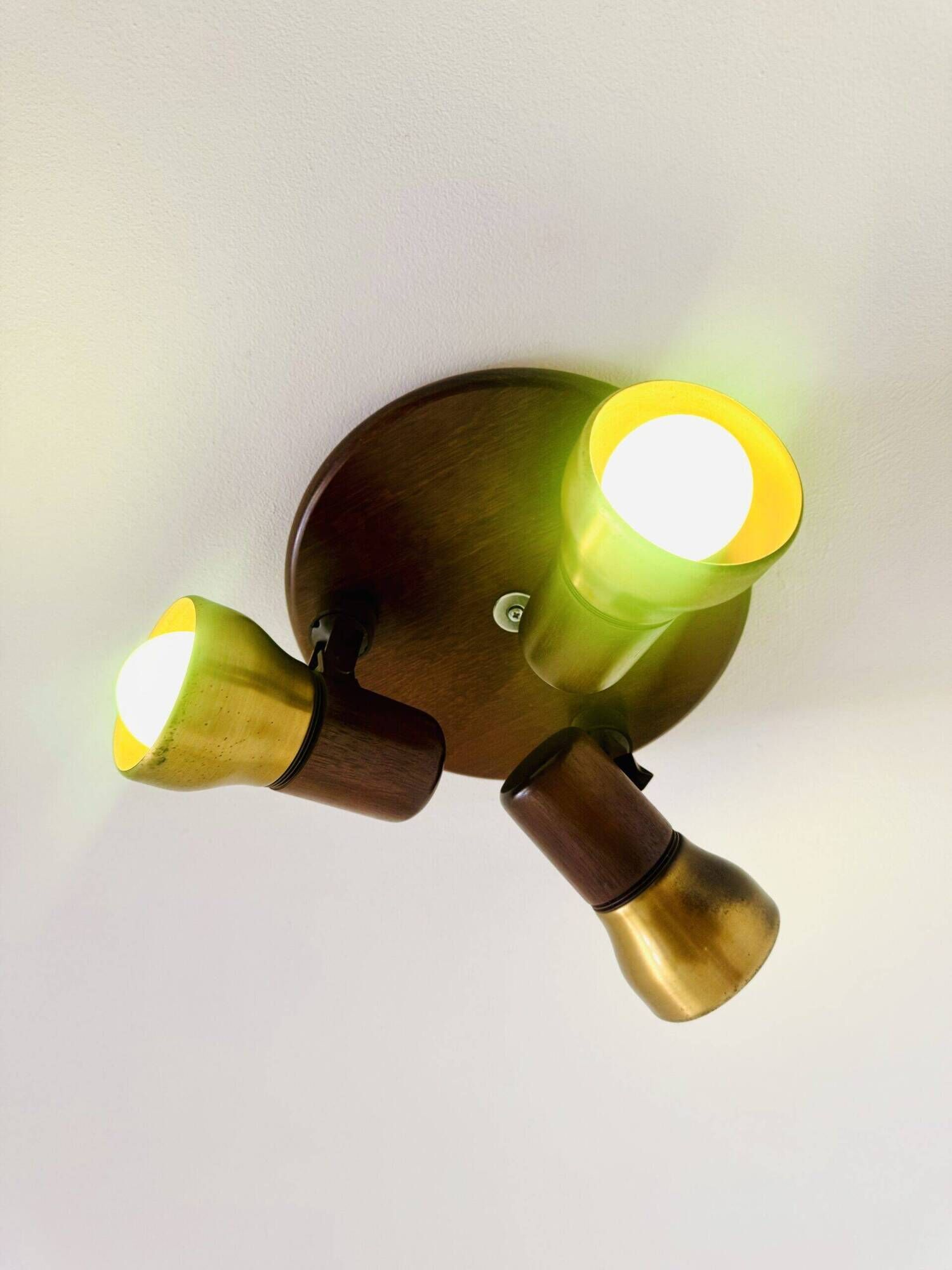 Model 837 Trio-Light Adjustable Ceiling Lamp In Wood And Brass By Temde Leuchten, Switzerland 1960S