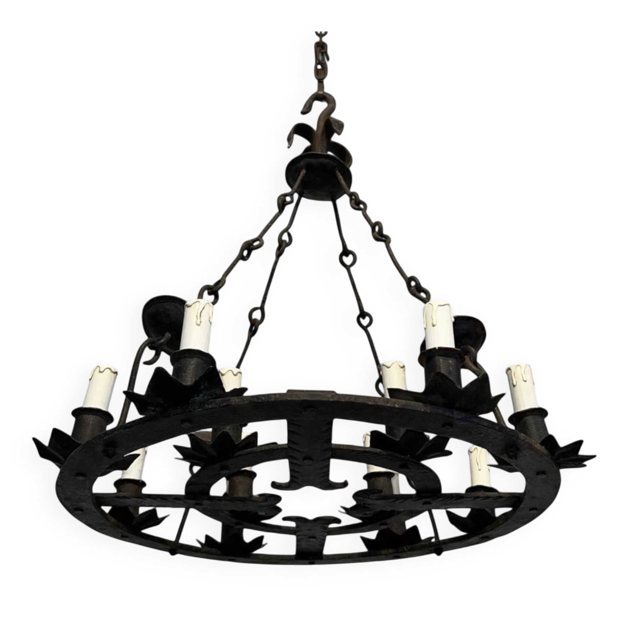 Wrought Iron Chandelier, 12 Lights, Gothic Style, French Work, circa 1