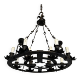 Lustre en Fer Forgé, 12 Lumières, Style Gothique, Travail Français, circa 1
