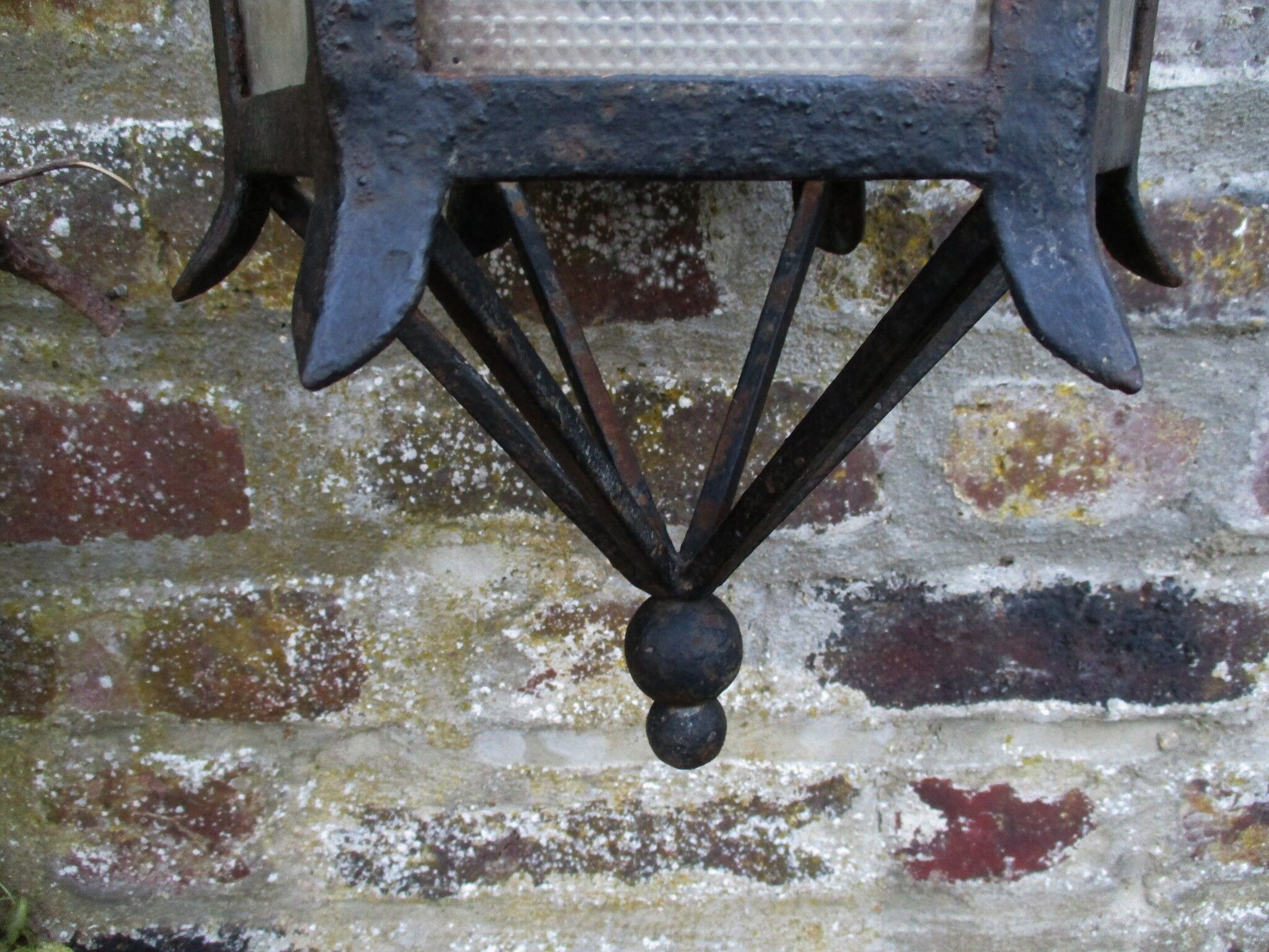 ancient hexagonal wrought iron lantern, decoration lily flowers- 19th century