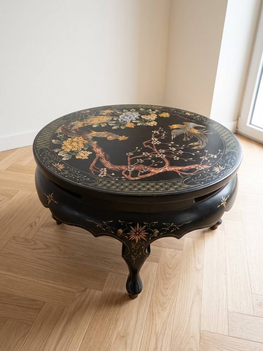Asian coffee table in Chinese style made of black and gold lacquered wood.