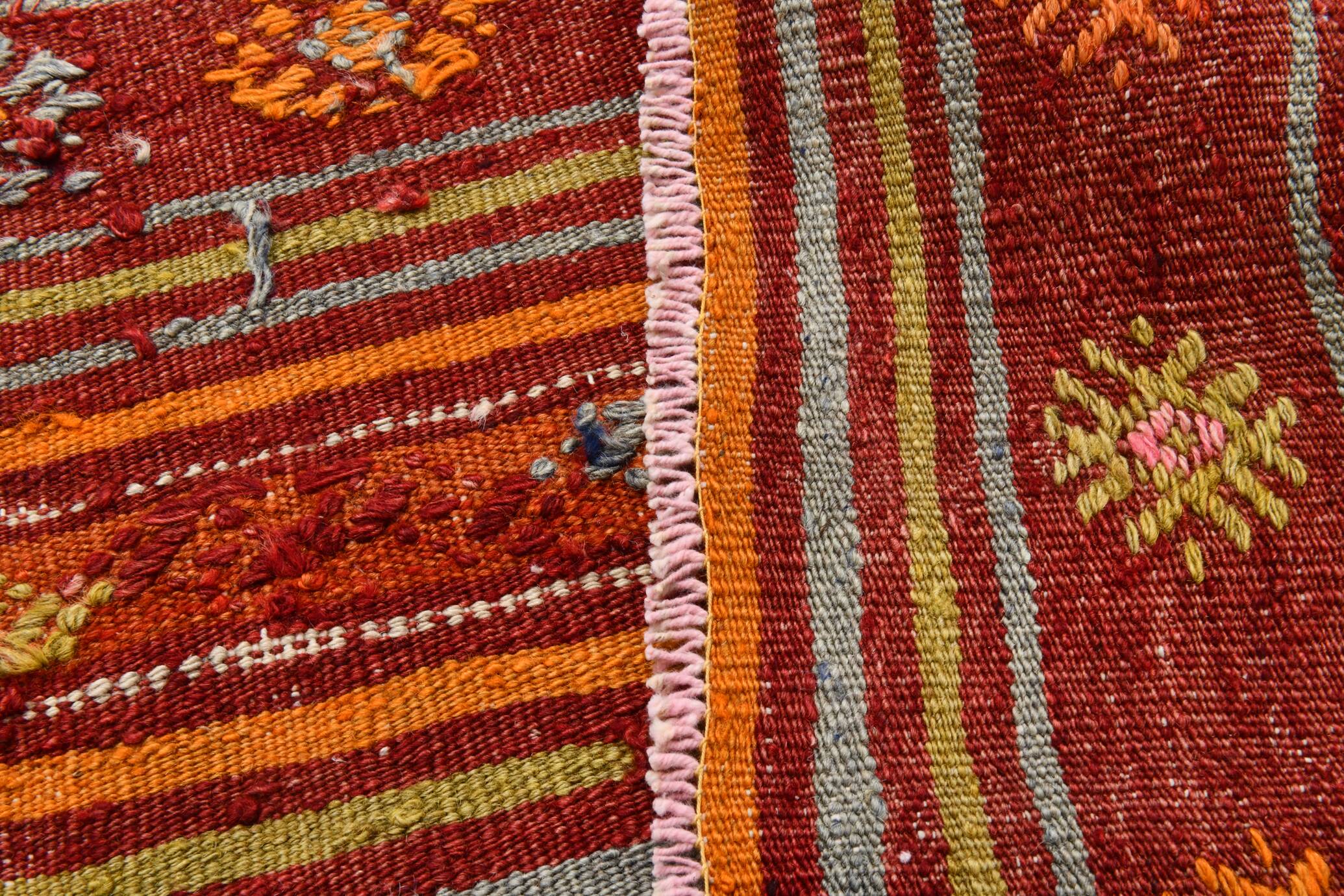 4x7 Red Orange Striped Handmade Wool Kilim Rug