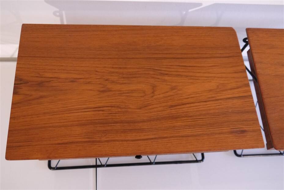 Pair of hanging bedside tables in teak and metal, 1960