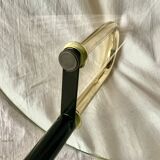 Old designer side table in tempered glass and black and gold metal