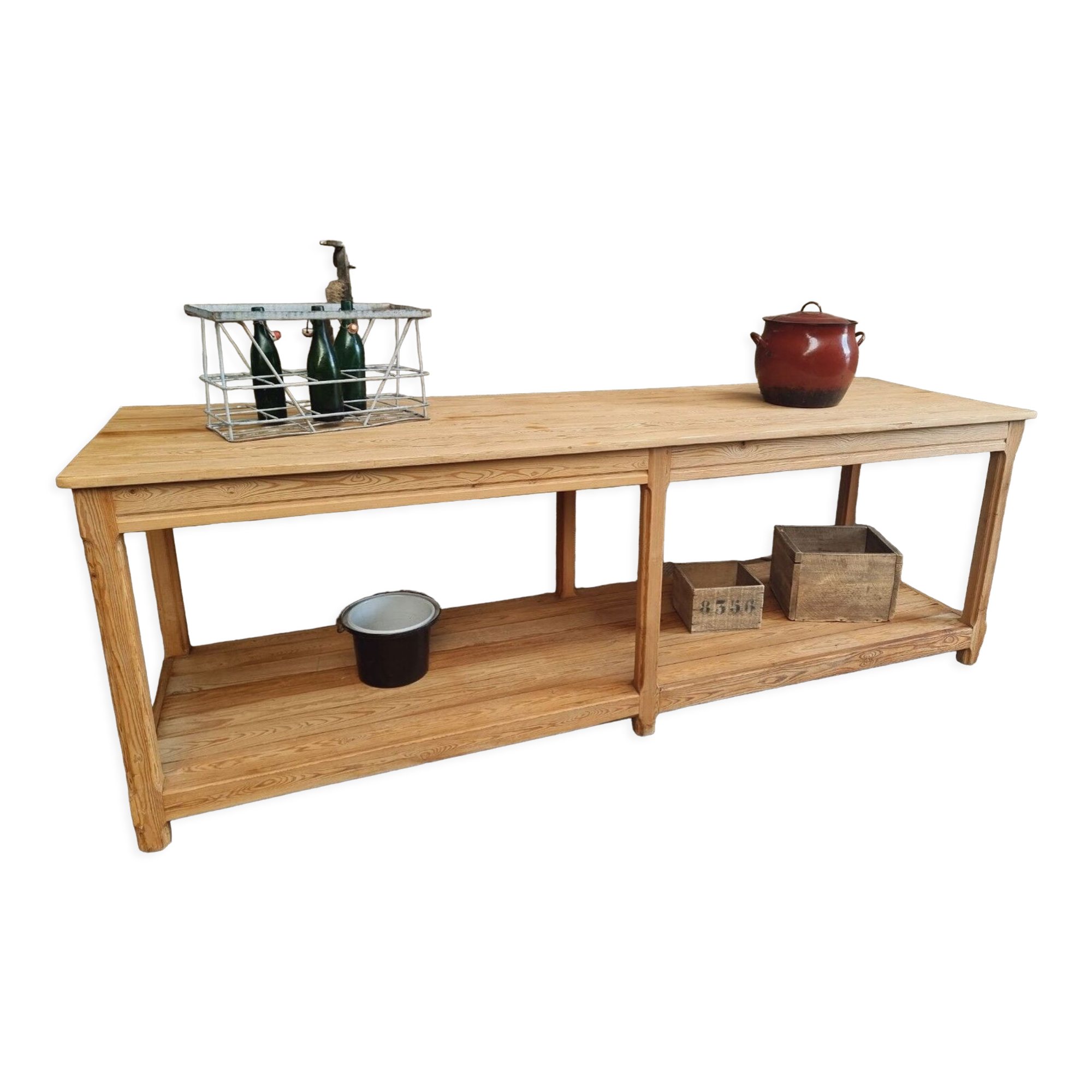 Old work table textile table pine cooking island or side table