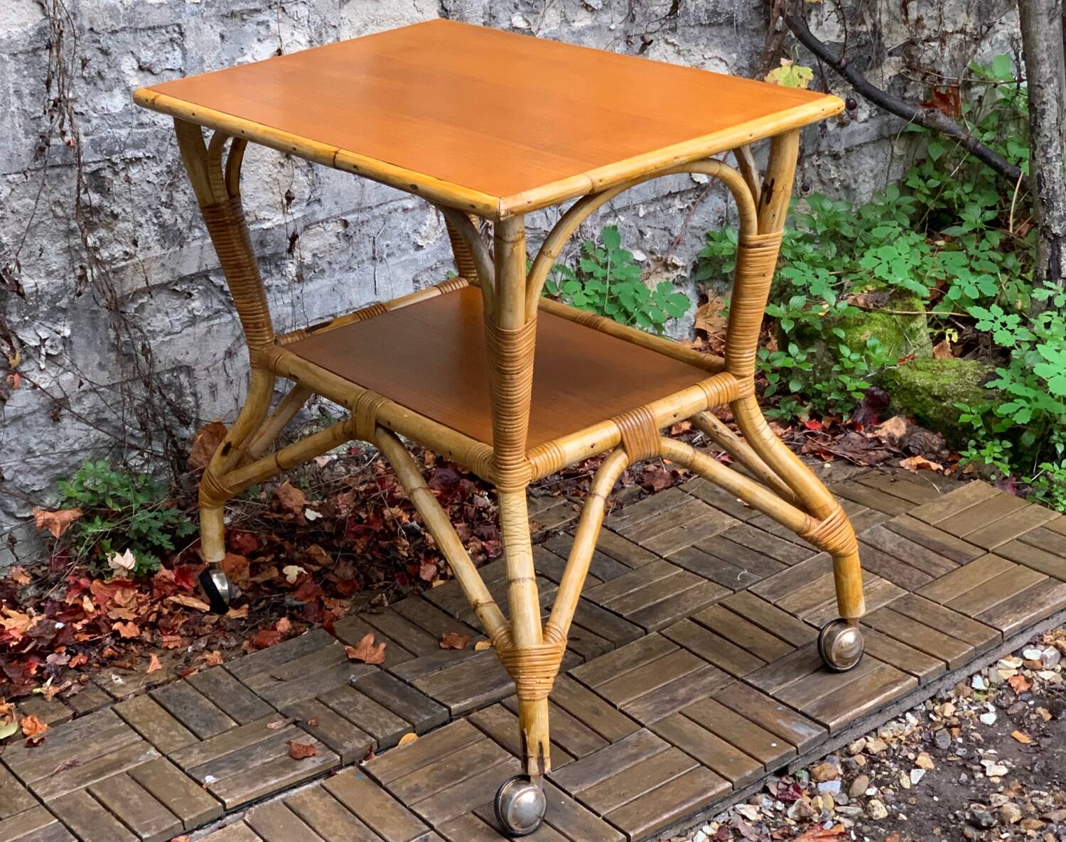 Vintage rattan and oak serving trolley 1960