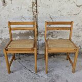 Set of 4 vintage pine chairs with cane seats