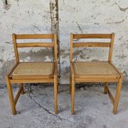 Série de 4 chaises vintage en pin assise cannage