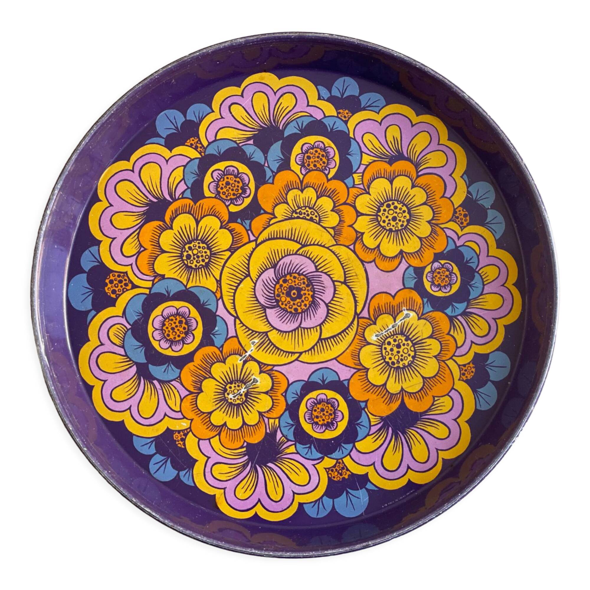 Vintage round tin serving tray, Mandala, Worcester Ware, England