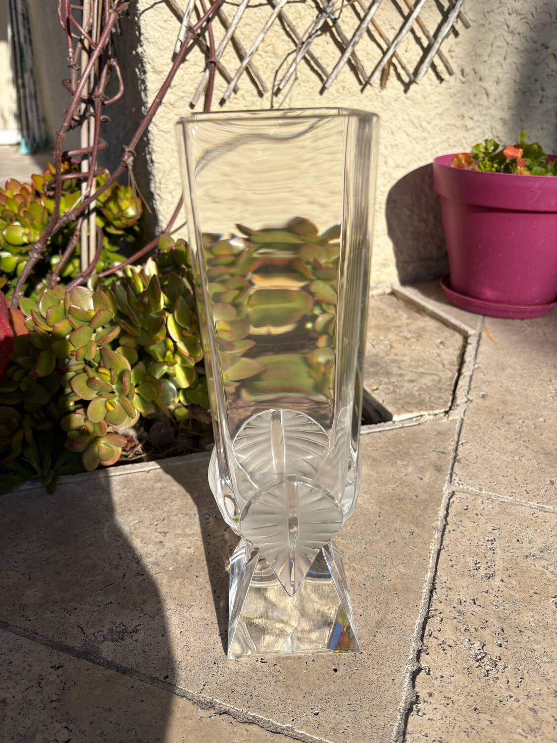 LALIQUE Vase France "Floréal" Satin and Clear Crystal — Signed