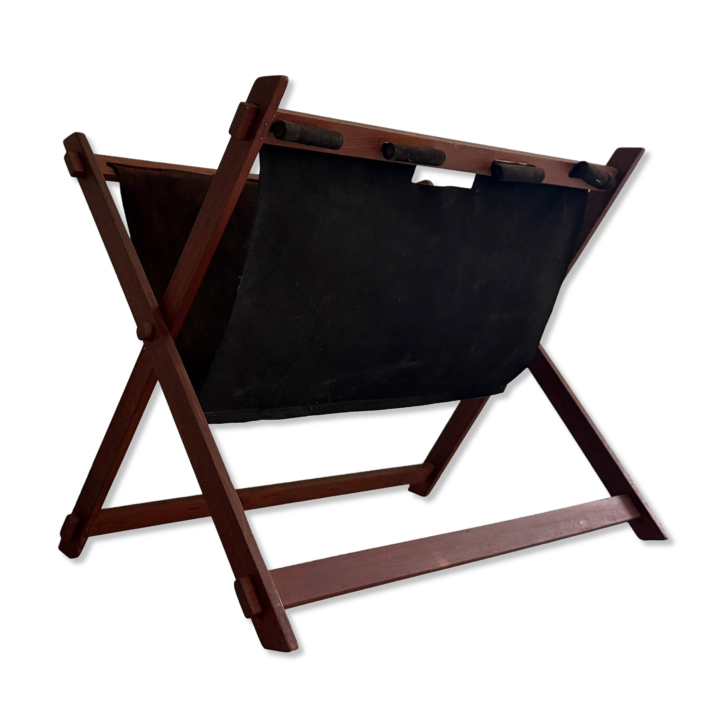 Support stand for mid-century teak and suede magazines and newspapers, 1960, Germany.
