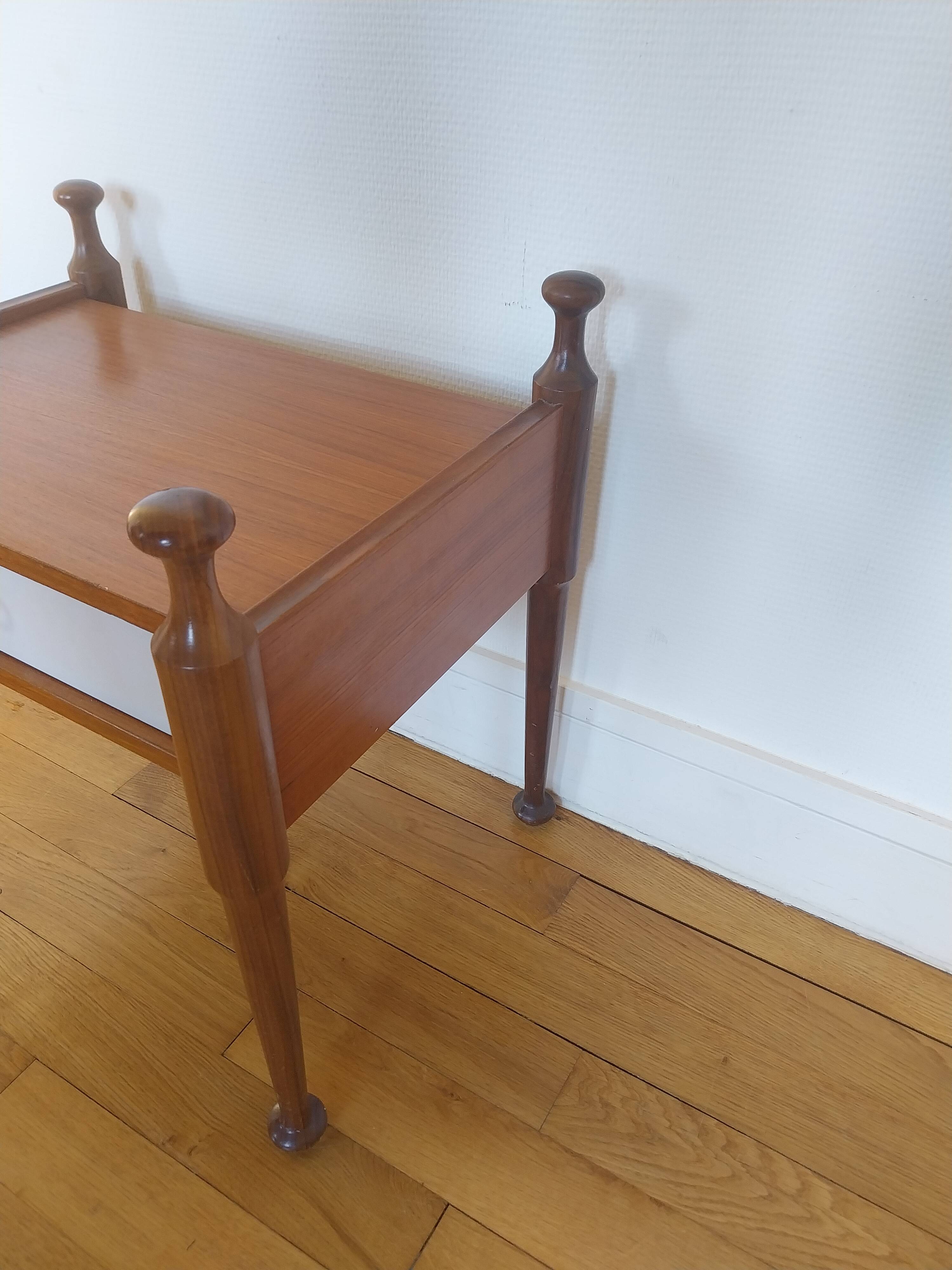 Teak bedside table with a vintage white lacquer drawer, Gautier furniture.