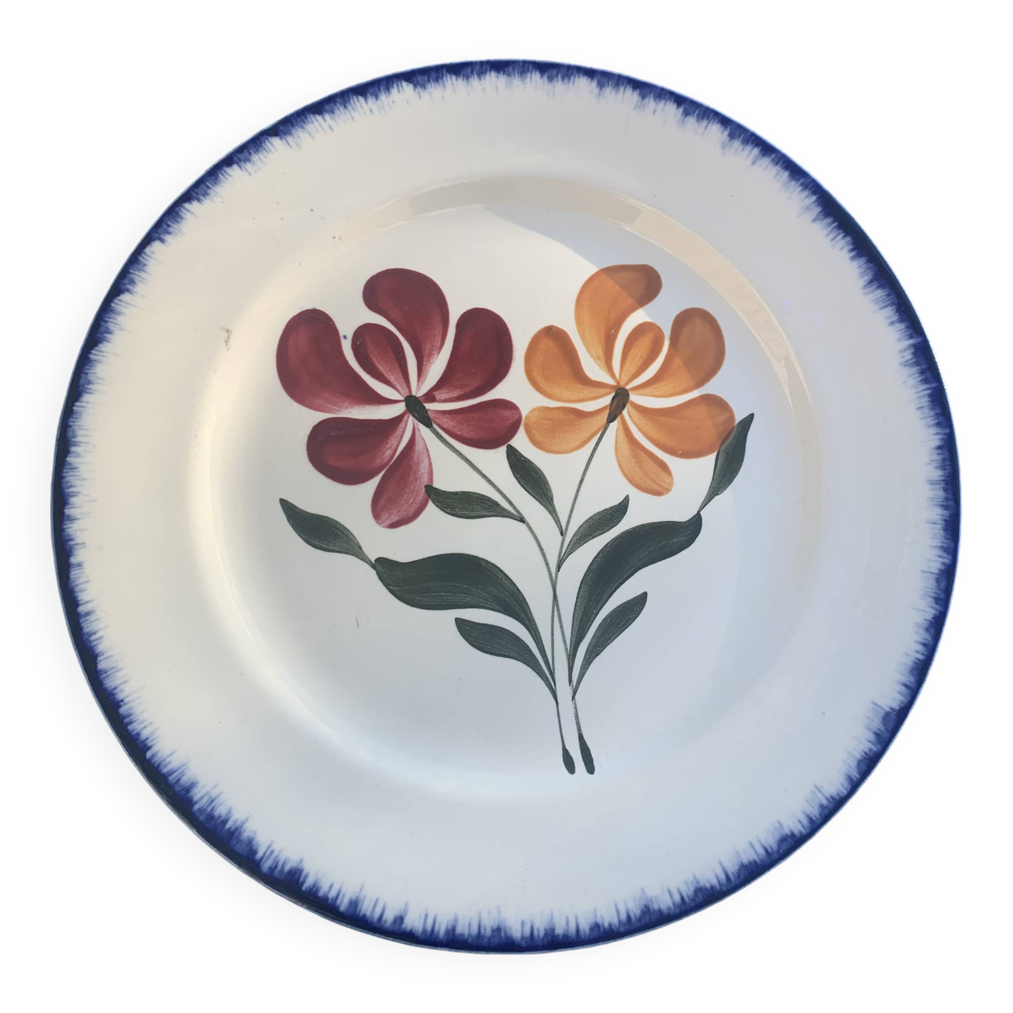 Cake dish E. Charbonnier, Salins, Terre de Fer, countryside model, made in France, flower motif