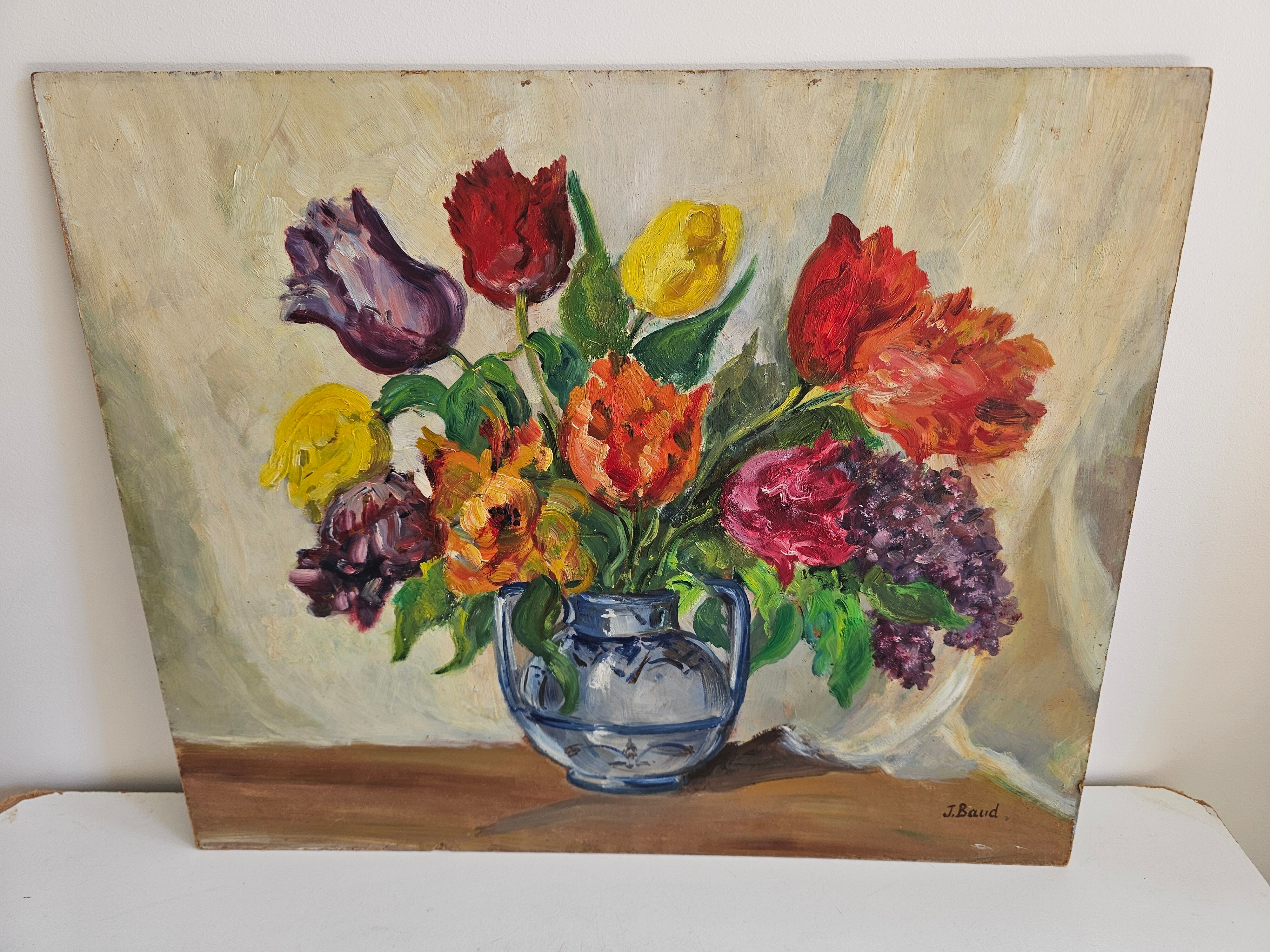 Oil Painting on Isorel - Bouquet of Tulips & Lilacs Signed J Baud