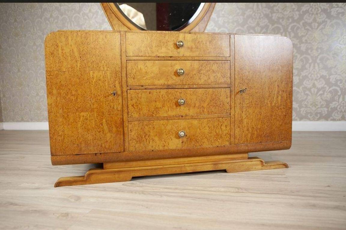 Early 20th Century Vanity Veneered with Karelian Birch with Oval Mirror, 1950s