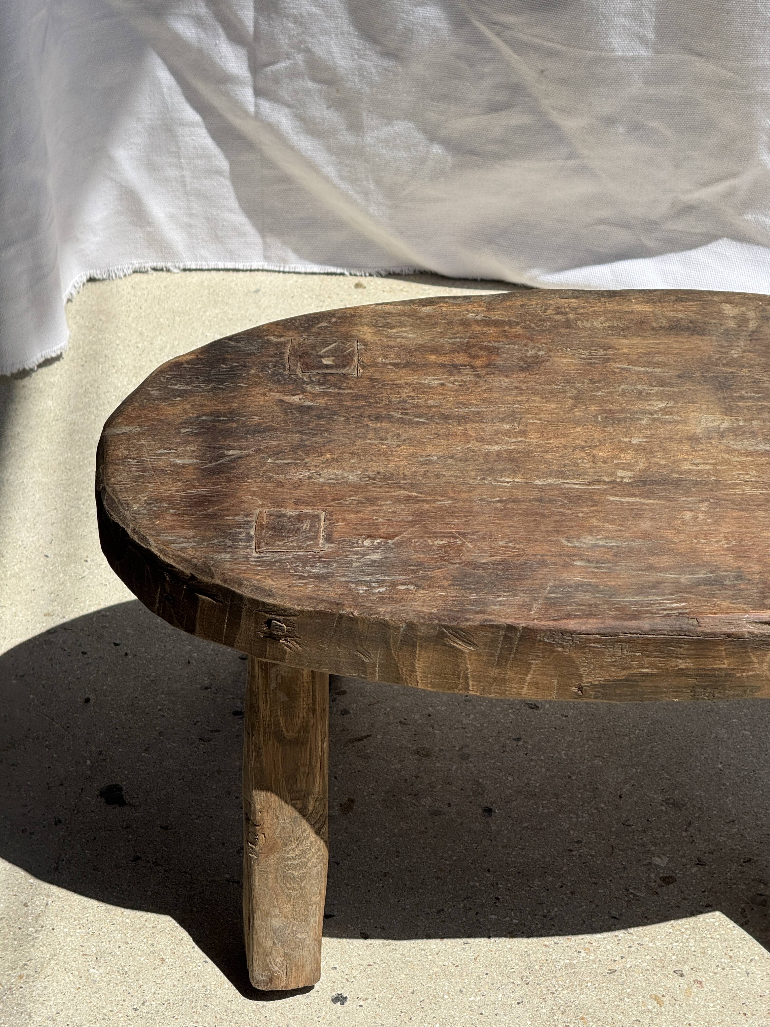 Small stool or small oval side table in solid teak wabi-sabi H24 53