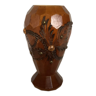 Old studded carved wooden candle holder brutalist