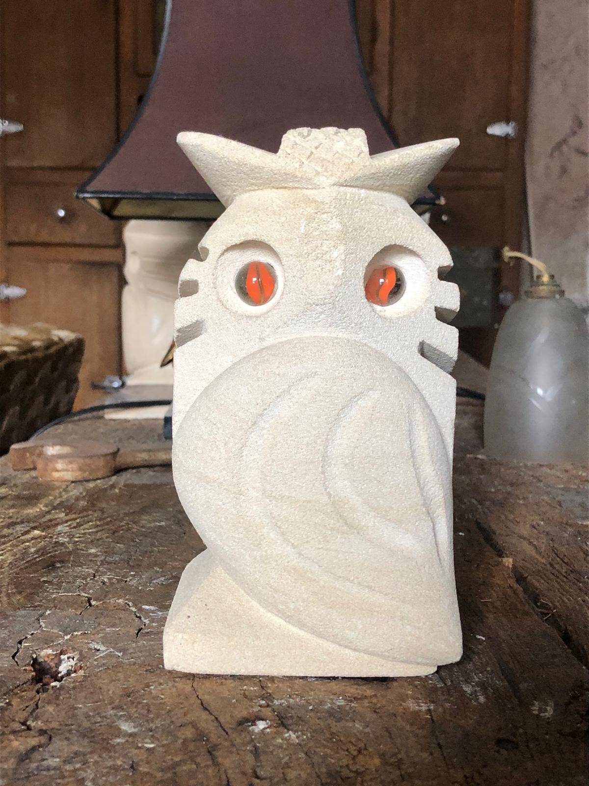 Pair of stone owl sculptures, vintage owl, owl lamp signed