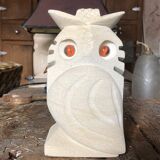Paire de sculptures, serre-livres hibou vintage en pierre, signés
