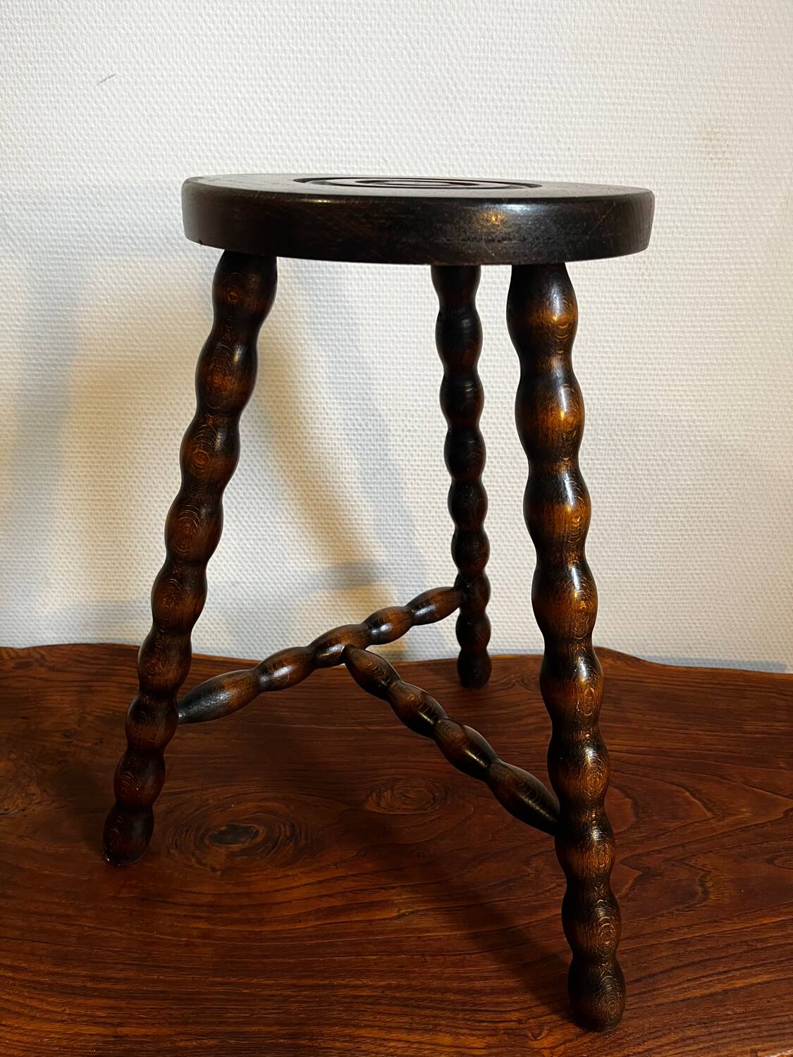 Tripod stool, turned wooden plant holder