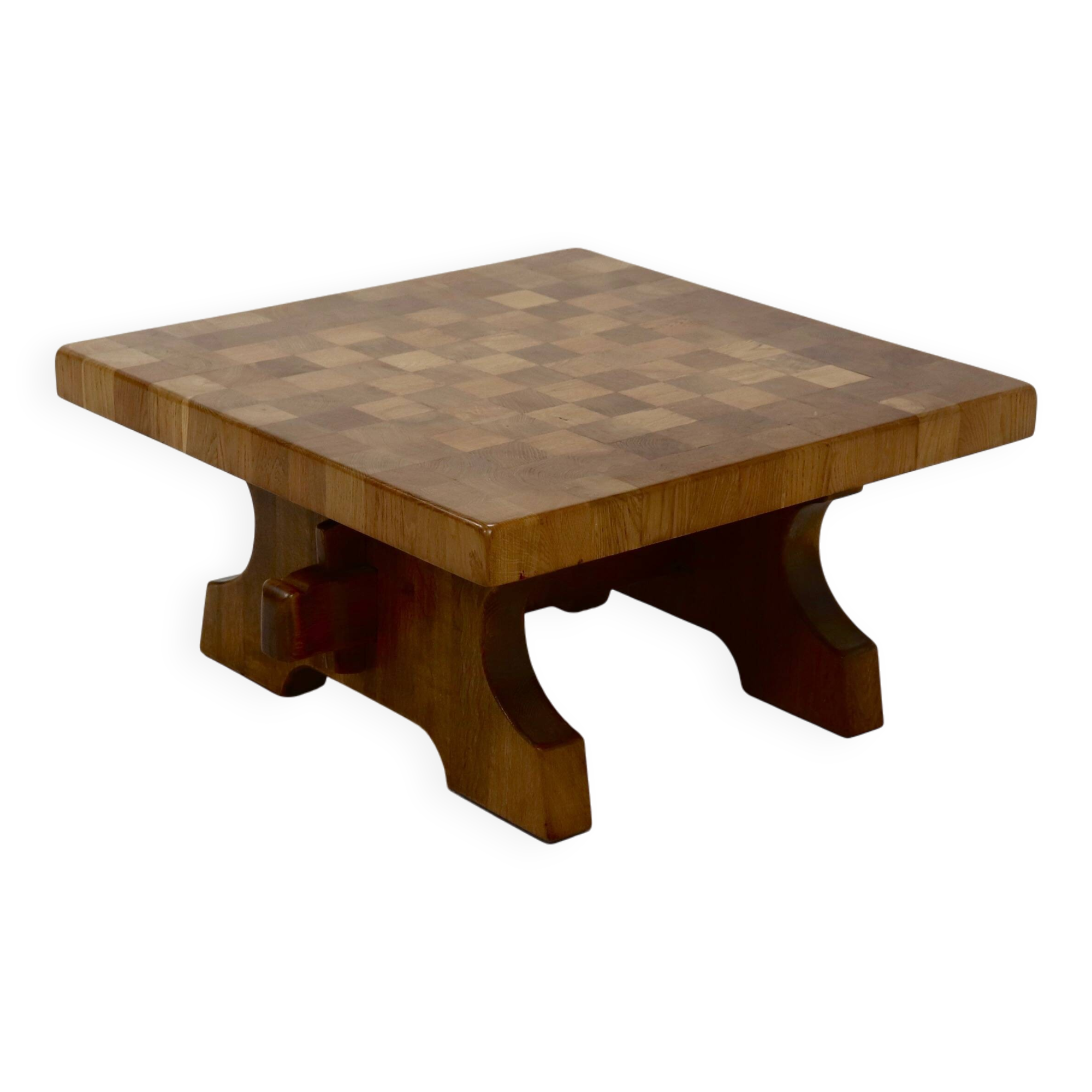 Brutalist Solid Blonde Oak Checkered Coffee Table 1970s