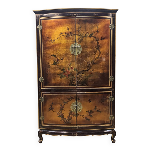 Cabinet chinois vintage avec feuille d'or, fleurs et oiseaux / bohème
