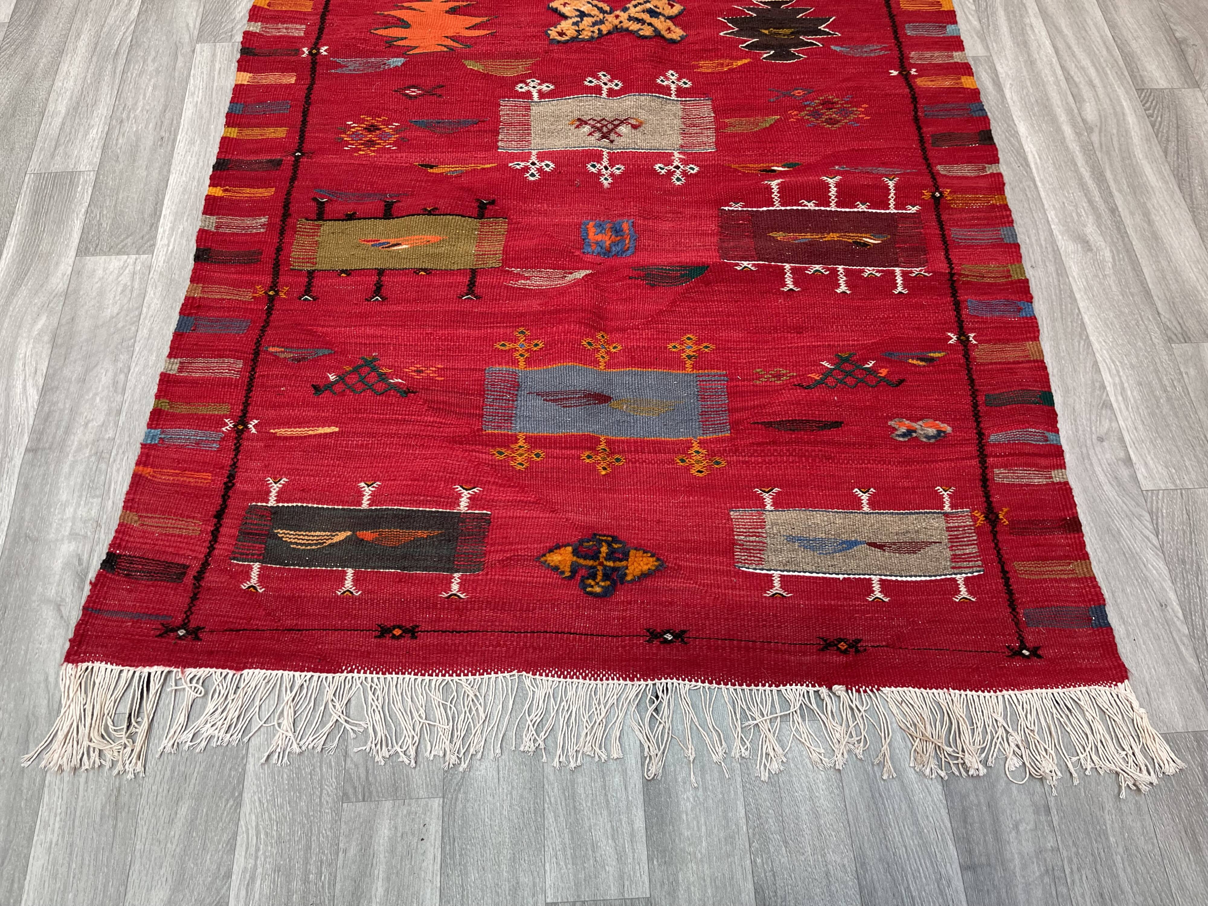 Unique and medium berber kilim, red rug, moroccan kilim, decoration rug