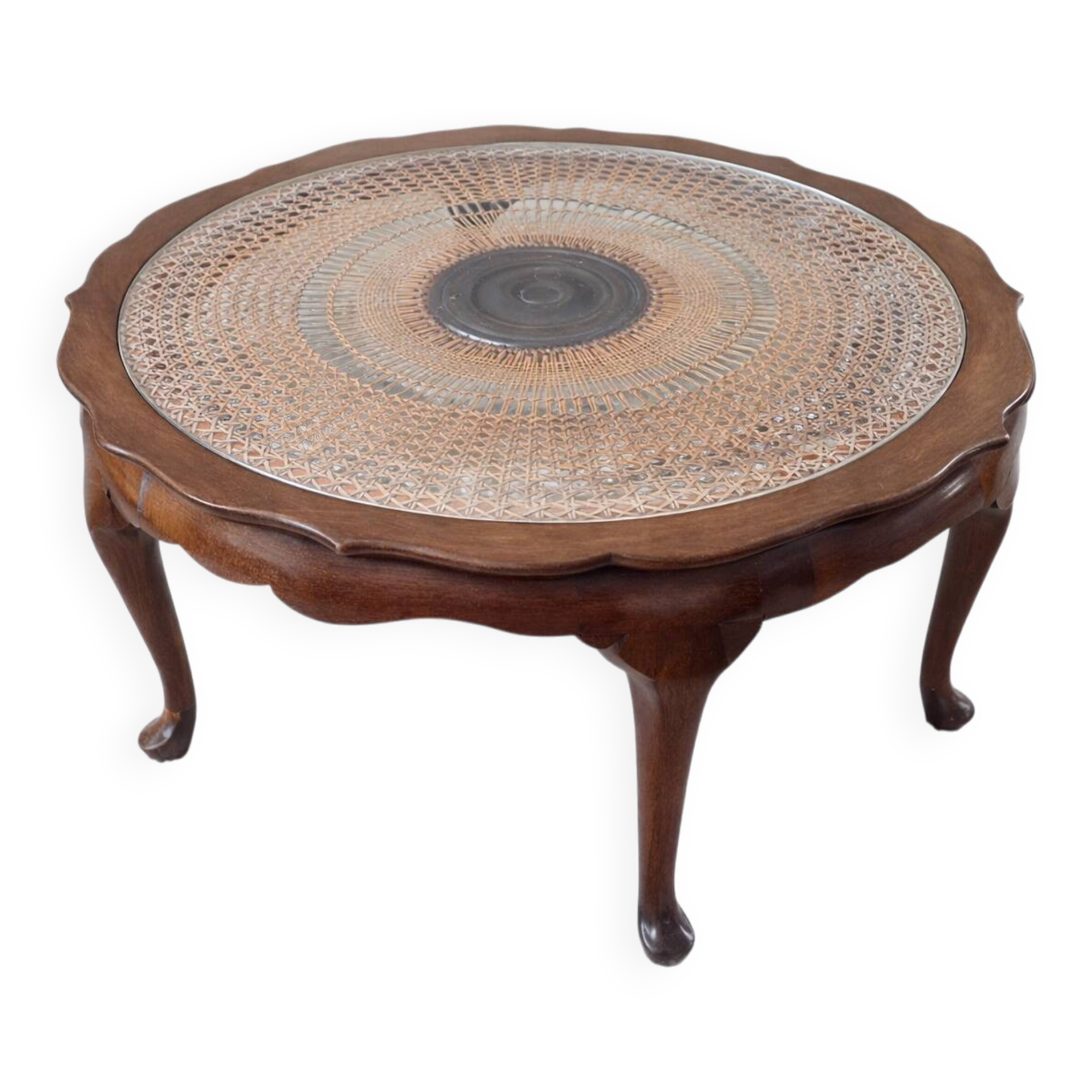 Vintage wooden coffee table with caning and glass top – 1950s/70s